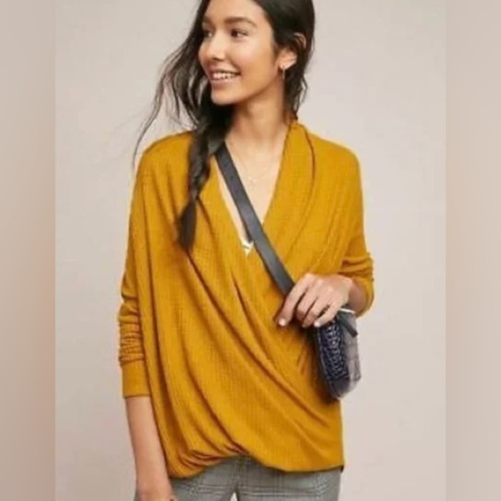Anthropologie Akemi + Kin Woodruff Waffle Rib Knit Wrap Top Size Small Mustard